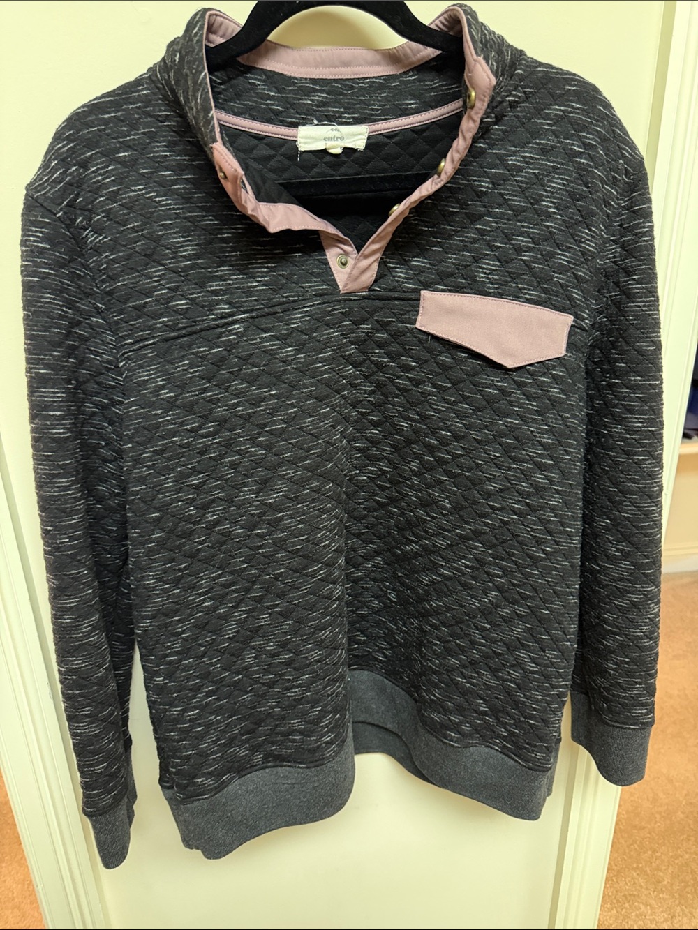 entro Charcoal Quilted Pullover Sweatshirt with Dusty Pink Trim